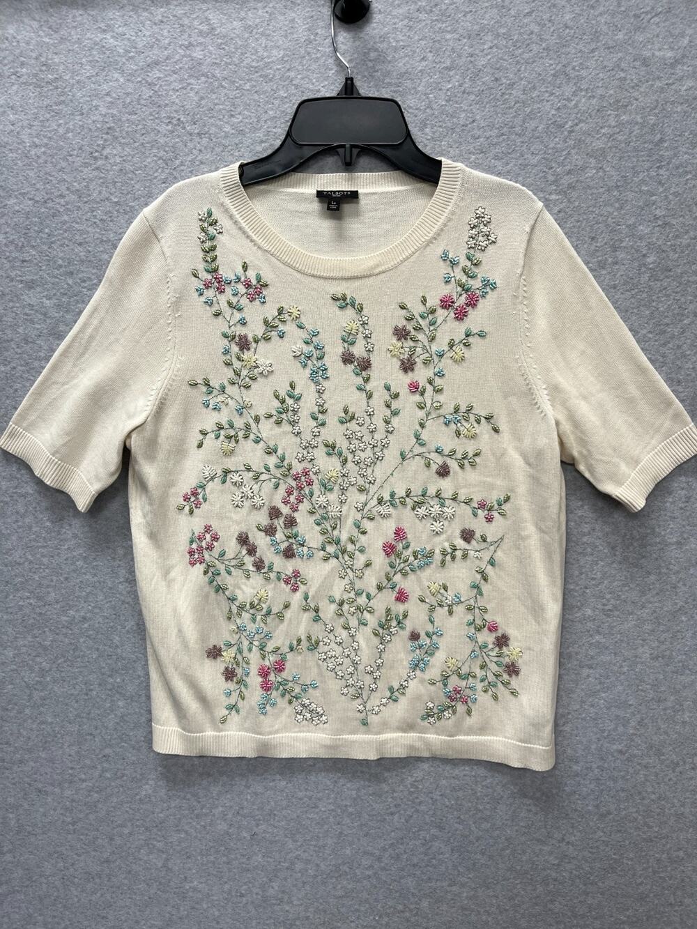 Talbots Ivory Short Sleeve Floral Embroidery Sweater Womens Size PL Petite Large